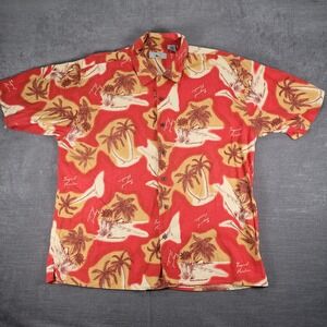 Tropical Paradise Vintage Foliage Button Up Palm Tree Print Linen Rayon Shirt XL
